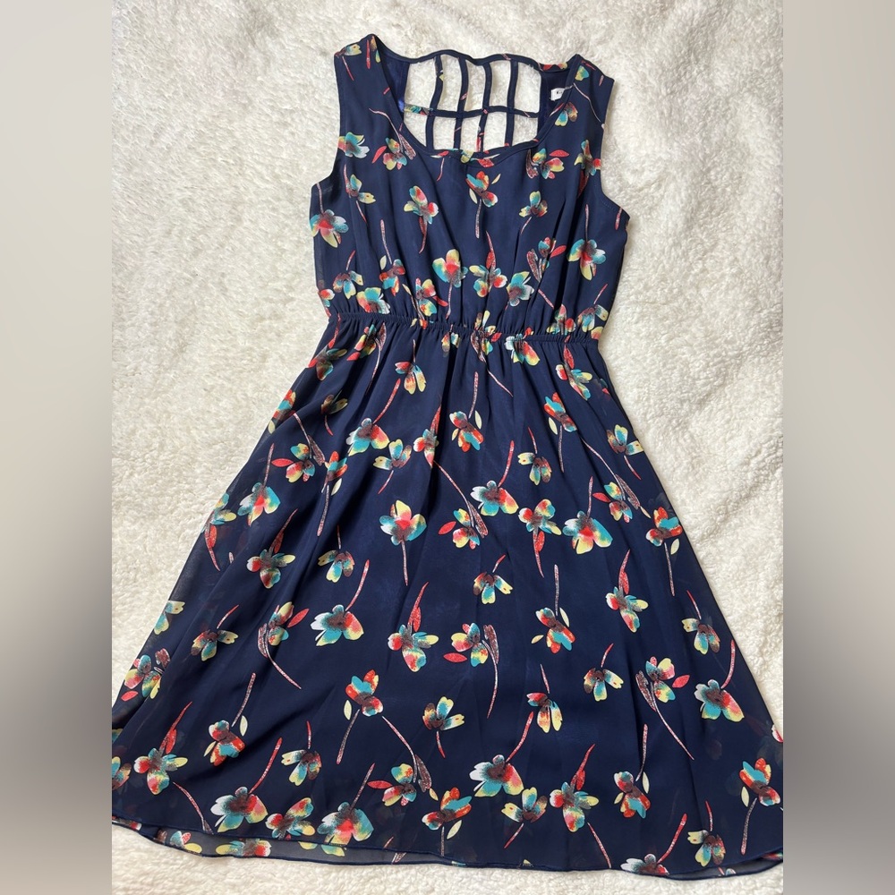 Elegant Floral Midi Dress - Navy